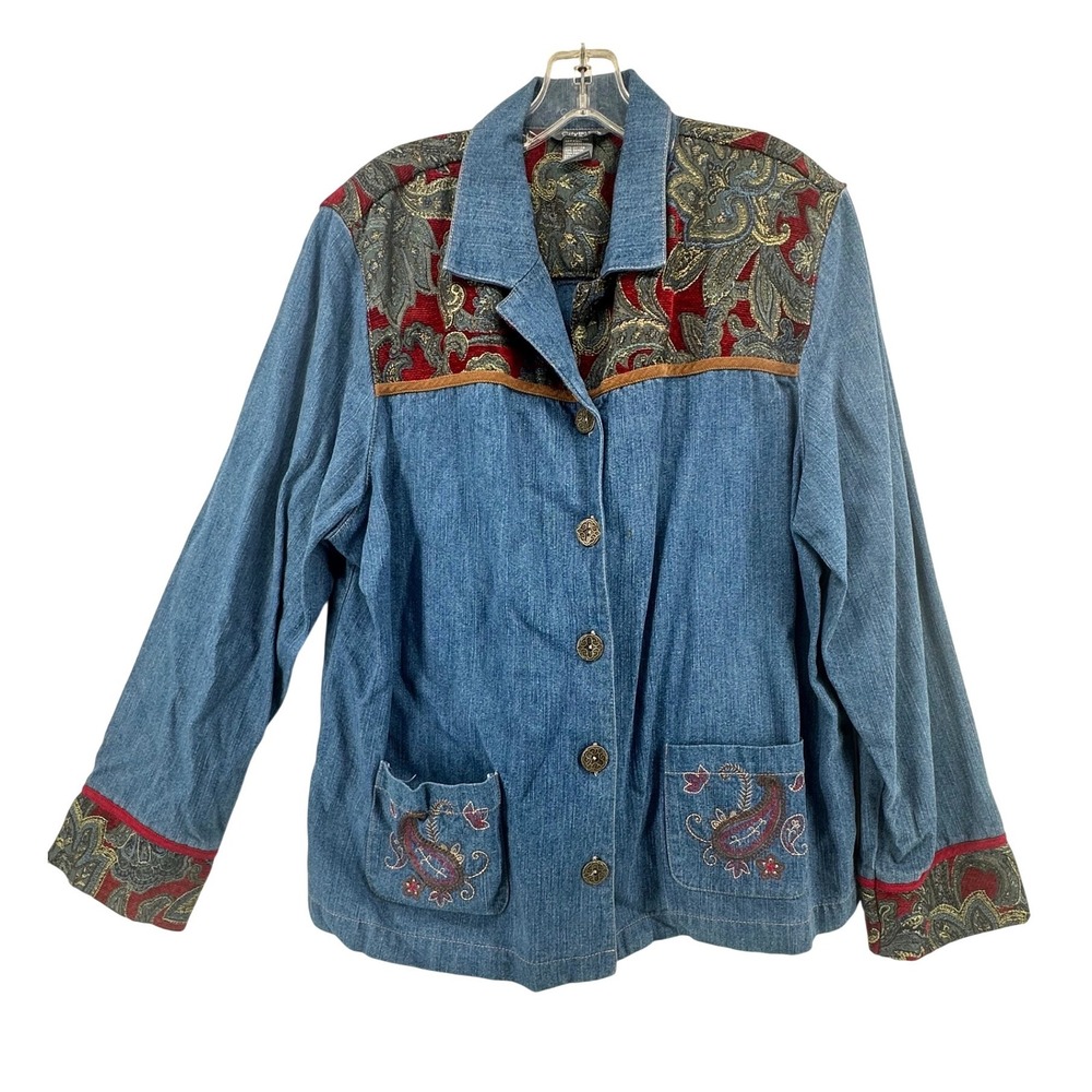 City‎ Blues by Koret Denim Jacket XL Blue Tapestry Paisley Yoke Embroidered Boho